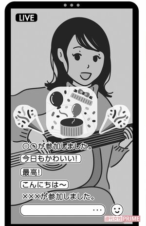 投げ銭のイメージ図　投げ銭をすると画面上にこういったアニメーションが。派手なものほど高額。　イラスト／かべともえ