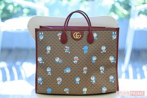 自分のものを入れておくバッグはとても大事なので、これぞというものを愛用。ドラえもんは木村さんが目指す運のいい「福顔」そのもの（撮影／渡邉智裕）