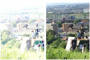 視覚過敏のあるちあきさんの視界。左がちあきさんが見ている世界、右はサングラスを着用したときの視界イメージ。屋外でこのレベルなので、スキー場のゲレンデなどはゴーグルなしではありえないまぶしさに