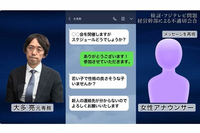 女性社員による大多元専務とのメッセージの再現画像（フジテレビ公式YouTubeチャンネルより）