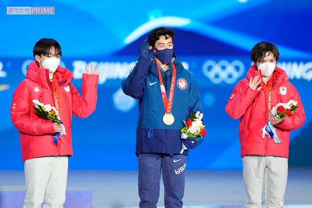 写真左から、鍵山優真、ネイサン・チェン、宇野昌磨。北京五輪メダリストたちも世界選手権に出場（JMPA代表撮影）