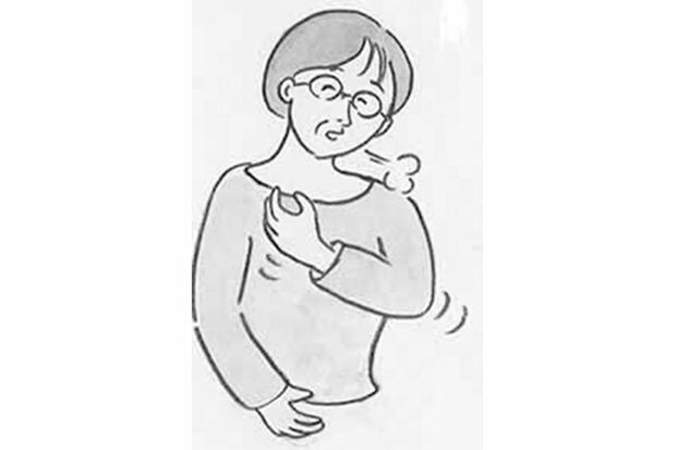 （3）（2）と同様に、右胸の肋骨のあたりを左手で叩く　イラスト／長田直美