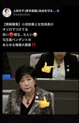 小池知事が着用する能登支援のペンダントに関する情報を求める上田令子氏(本人のXより、現在は削除済み)