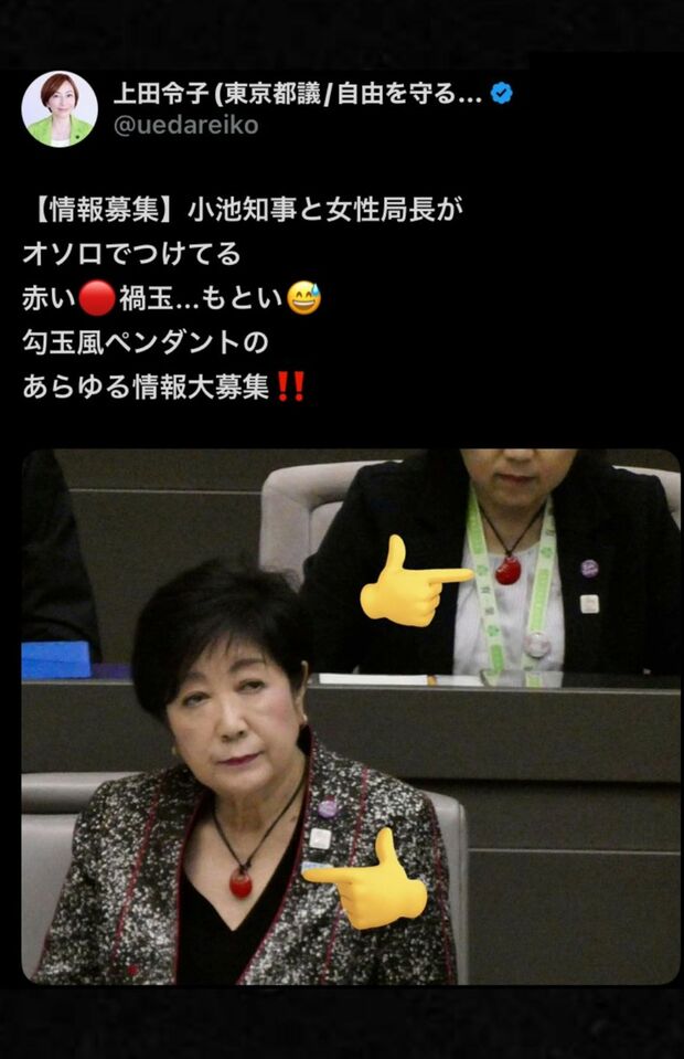 小池知事が着用する能登支援のペンダントに関する情報を求める上田令子氏(本人のXより、現在は削除済み)