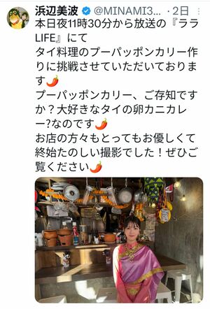 番組の企画でタイ料理に挑戦したことを報告する浜辺美波（本人のXより）
