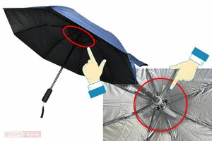 傘の内側中央部に3枚羽根のファンを搭載する折りたたみファンブレラ（サンコー／5980円）