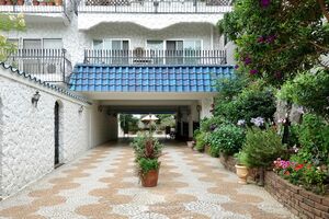 1968年竣工の『秀和参宮橋レジデンス』。青い屋根と白い塗り壁が特徴、アプローチのタイルも美しい（hacoさん提供）