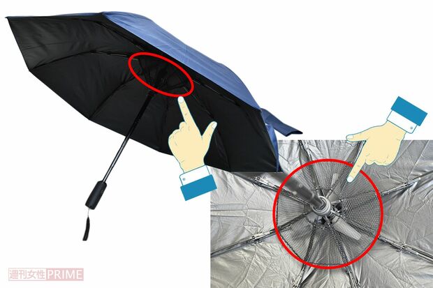 傘の内側中央部に3枚羽根のファンを搭載する折りたたみファンブレラ（サンコー／5980円）