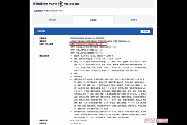 現在でも出願人の欄にある堂本剛の名前