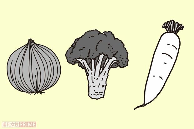 ポイント食材：玉ねぎ・ブロッコリー・大根　イラスト／二階堂ちはる
