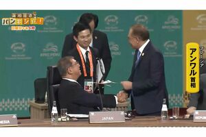 座ったまま各国首脳と握手を交わす石破茂首相（日テレNEWSの公式ホームページより）