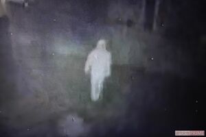 近所の防犯カメラに映っていた不審人物。フードをかぶり、動きからは若者のように