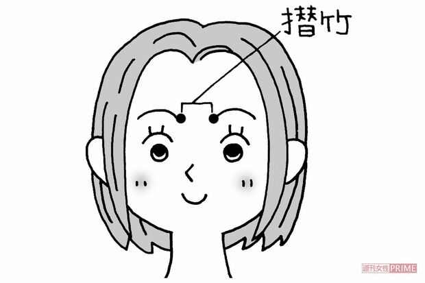 攅竹（さんちく）左右の眉の内側の端で、目の上の骨の上にあるツボ。押すとツーンとする。イラスト／水口アツコ