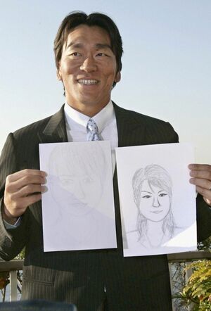 2008年の結婚発表時、松井が書いた奥さんの似顔絵(左)。右の似顔絵は松井の実兄が書いた
