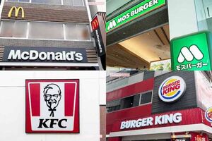 左上から時計回りに、マクドナルド、モスバーガー、バーガーキング、ケンタッキーフライドチキン