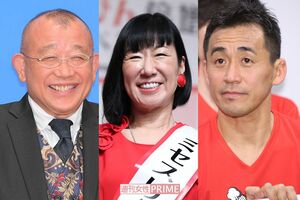 京都産業大学出身の芸人たち（左から笑福亭鶴瓶、リンゴ、石田靖）