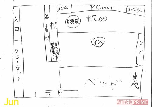 Jun部屋の間取り図(本人直筆)