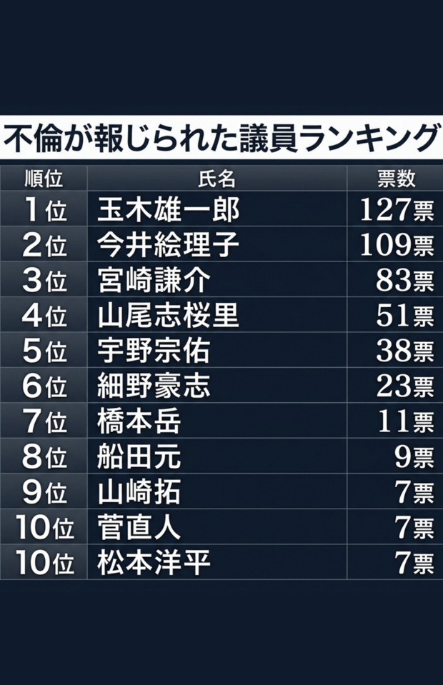 全国の25歳以上60歳以下の男女500人を対象に実施した「不倫が報じられた議員といえば」ランキング
