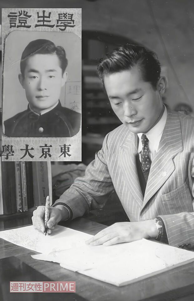 端正な横顔で書き物をする青年時代の中松さん。左は東大の学生証 写真提供/ドクター・中松