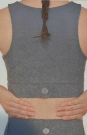 「腎のリンパケア」（1）人さし指、中指、薬指、小指が腎臓の位置（背中のウエストライン）に当たるように両手を置く