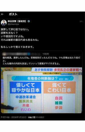 参政党・神谷宗幣代表も公式Xで、MBS『よんチャンTV』の放送内容に抗議した