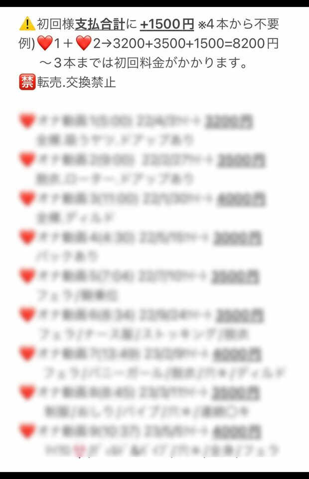 わいせつ動画の料金表。過激なほど価格は上がっていく2/3（本人SNSより）