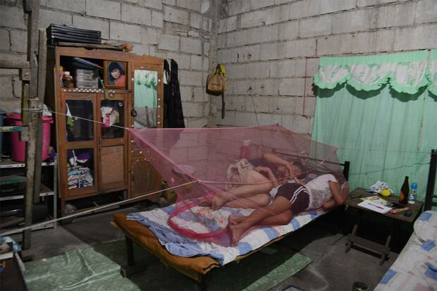 シングルベットに蚊帳をかけ、子どもらと寝る吉岡さん