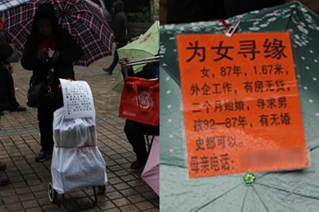 傘に貼られた「結婚相手募集」の紙。外資系企業勤務、家持ちなどの自分のスペックや、‘82年から‘87年生まれ、離婚歴は問わない、など相手に求める条件が書いてある