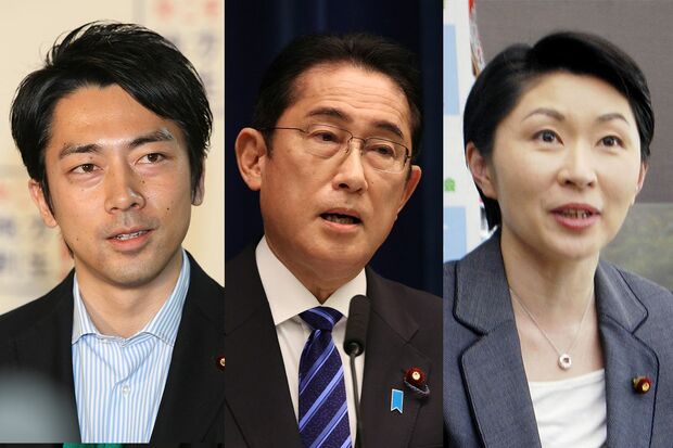（左から）小泉進次郎元環境相、岸田文雄首相、小渕優子議員　一部写真は共同通信社提供