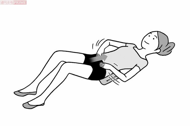 大腸押し上げマッサージの手順(1) あおむけになり、大腸の真ん中を押し上げる　イラスト／上田惣子
