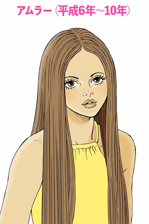 メイク＝細眉、日焼け肌、ベージュ系リップ　ヘア＝茶髪、シャギーカット、ロングヘア　憧れの人＝安室奈美恵　好きな物＝厚底　口ぐせ＝チョベリバ（イラスト／久井めぐみ）