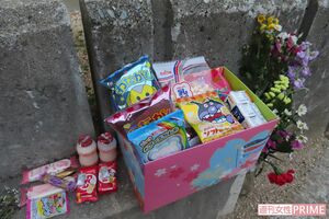 柚希ちゃんが転落した公園にはたくさんのお菓子や花が供えられて
