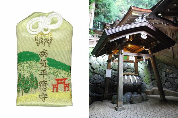 「薬井戸」（右）のご神水を容器に入れて持ち帰る人も