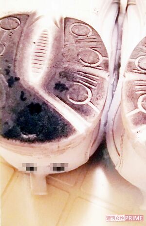 発覚したいじめのひとつ。加害生徒は被害者の上履きの底に「しね」などと書いていた（関係者提供）