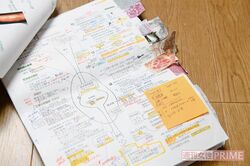 貴子さんがまとめたノート。付箋をびっしり貼って、わかりやすく工夫した