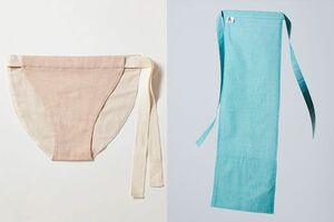 1mほどの長方形の布の端に紐をつけた「越中ふんどし」（右）と、越中ふんどしが簡略化された「もっこふんどし」（左）