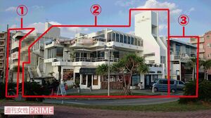 飲食店などが入る羽賀のビル群。ひとつのビルを挟み3棟は並ぶように建っている