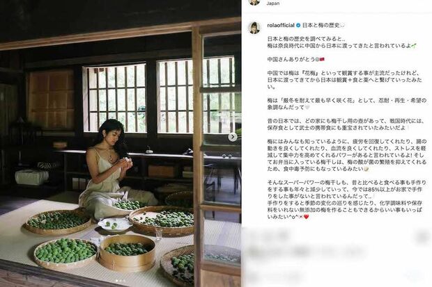真剣な表情で梅干しづくりの作業をしているローラ。《中国さんありがとう》と梅の歴史についても綴っている(本人のインスタグラムより)