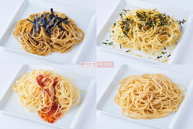 （左上から）海苔の佃煮、ふりかけ＋オリーブオイル、スイートチリソース、めんつゆ＋ごま油を使ったパスタ　撮影／山田智絵