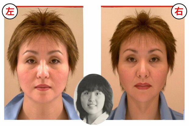 右と左の顔ではこれだけ印象が違う！唐沢さんの左の顔を合成した写真（左）と右の顔を合成した写真（右）、16歳の頃の唐沢さん（中央）