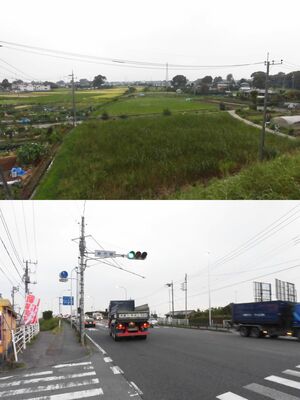 （写真上）周辺は田園地帯が広がる（写真下）建物が面する国道は交通量が多い