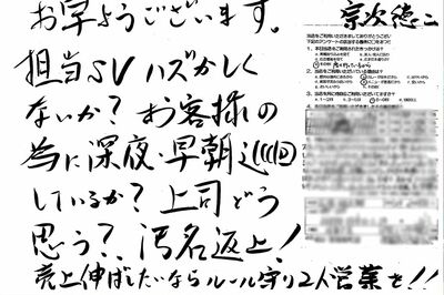 お客さまアンケートハガキに苦情があると必ず、厳しい指導をした