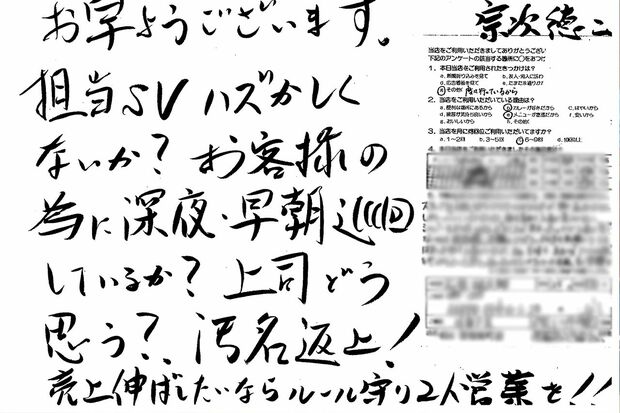 お客さまアンケートハガキに苦情があると必ず、厳しい指導をした
