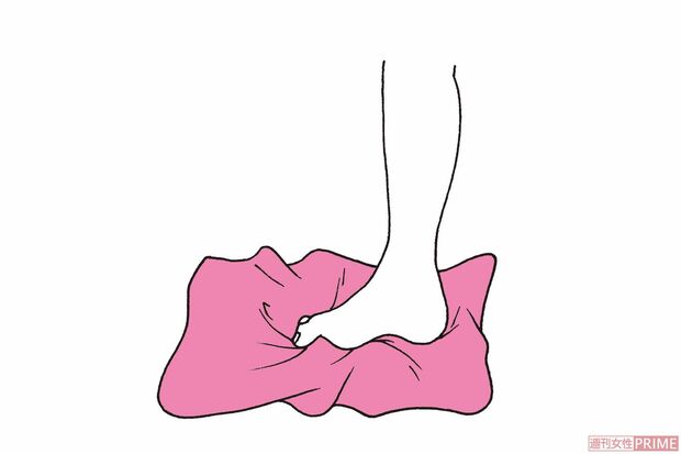 ②かかとは床につけたまま、爪先を浮かせて足指をパーに、下ろして指をグーにして、を繰り返し、シワをつくるようにタオルをたぐり寄せる。タオルを強く握る意識で。