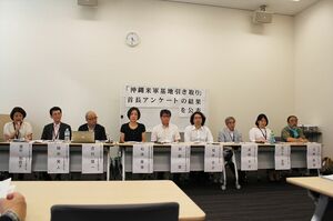 記者会見で基地引き取りの知事アンケートを公表する連絡会のメンバーら