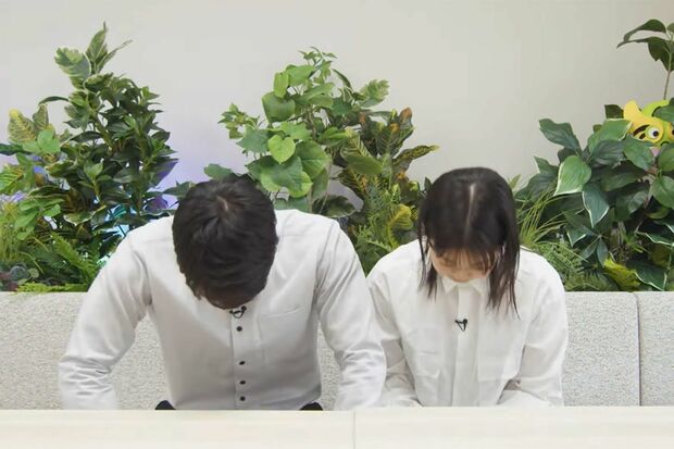 『ご報告』動画に登場した山本賢太アナウンサーと杉原千尋アナウンサー(『フジテレビアナウンサーch.』のYouTubeチャンネルより)