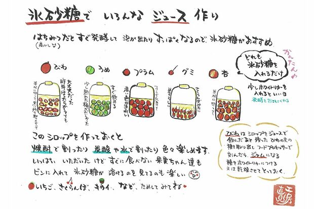 レシピは見てわかりやすく、楽しいようにすべて手書き。果物のジュースは1kgの果実に1kgの氷砂糖を入れるだけ。氷砂糖が溶けてフルーツシロップができたら炭酸水や焼酎で割って楽しむ。